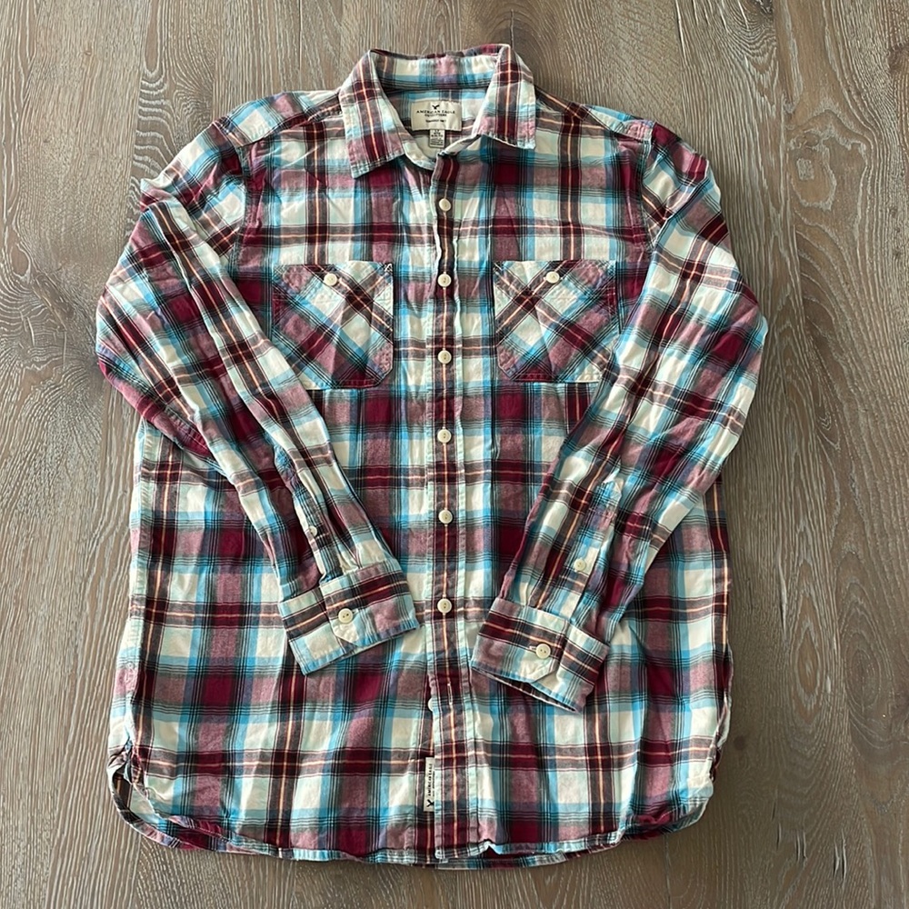 Men’s American Eagle Plaid Woven Button-Up | Large Tall